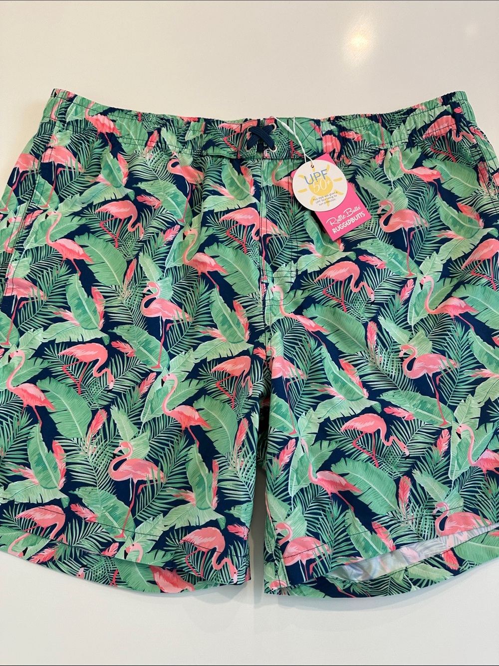 RuggedButts Flamingo Frenzy Mens Swim Trunks UPF 50 Navy Pink XXL NEW